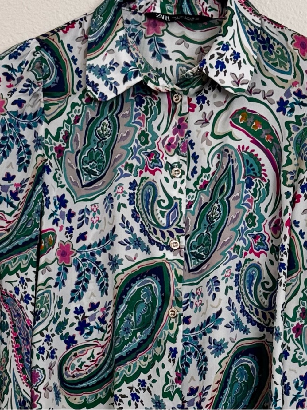 Zara Paisley Button-Down Shirt in Green, Blue & Pink